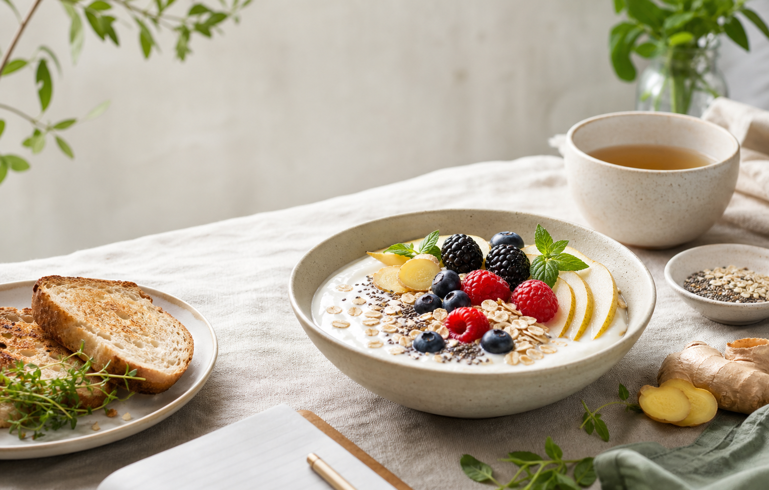 A bright breakfast table with yogurt, fruit, tea, and sourdough.