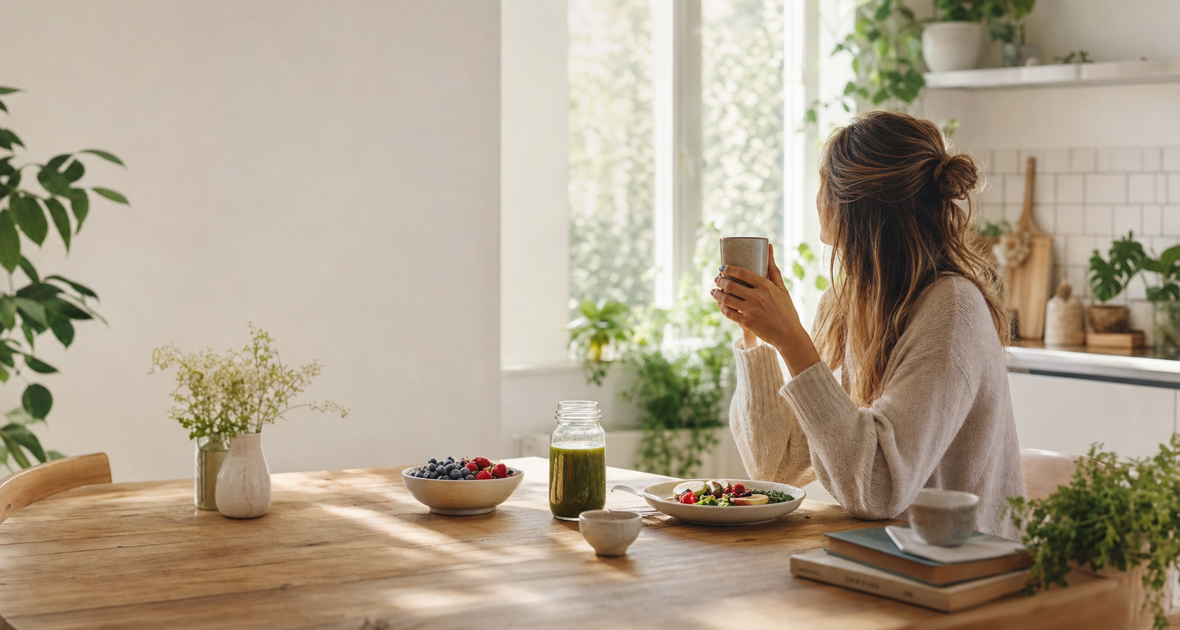 A temporary lifestyle portrait in a bright kitchen.